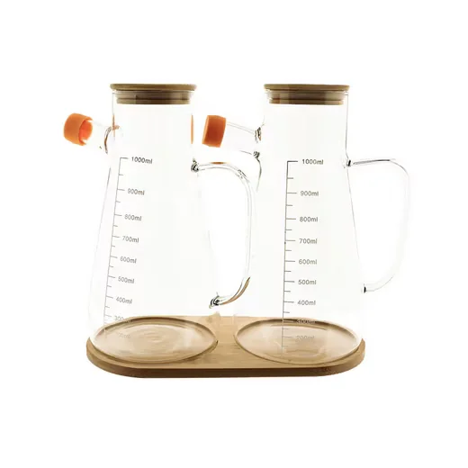 SUNAY Ölspender Set 3-teilig aus Glas mit Bambusdeckel und Untersetzer