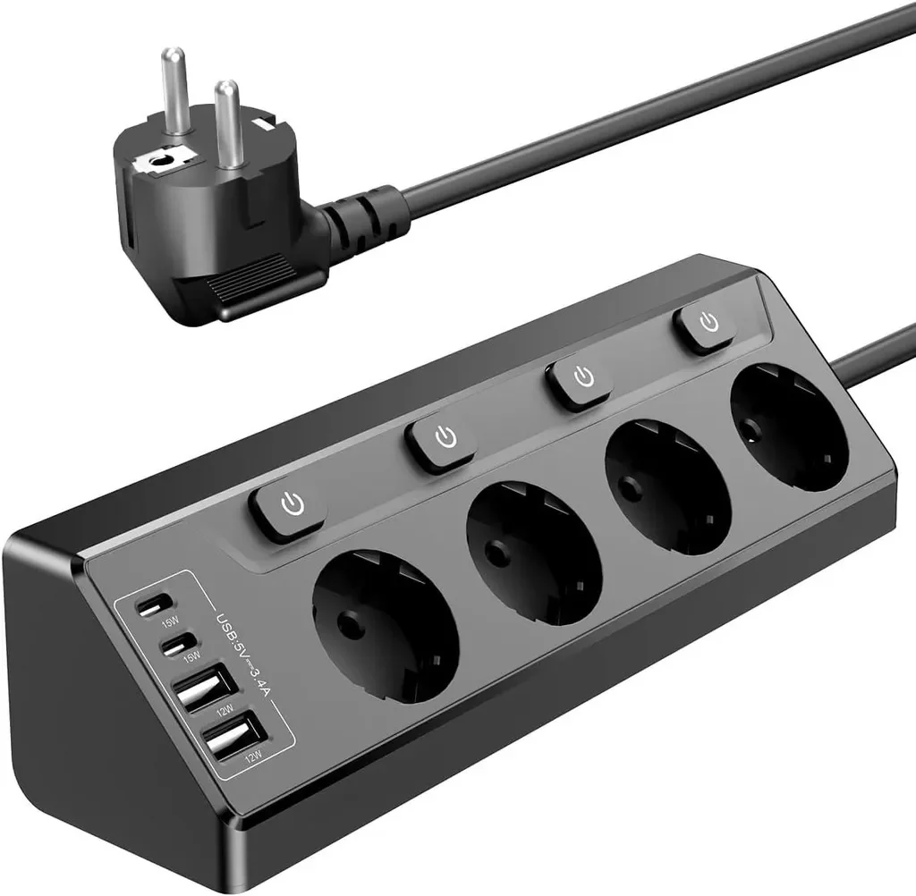 bedee Steckdosenleiste 4-fach rund mit 4 USB, 2x USB-C, 2 m Kabel